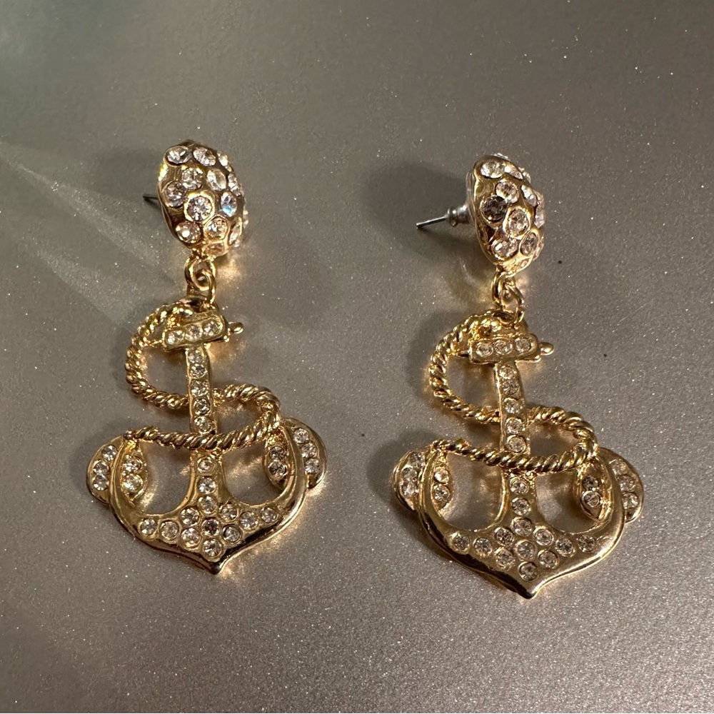 Pink Pineapple Gold & Rhinestone Anchor Earrings-New